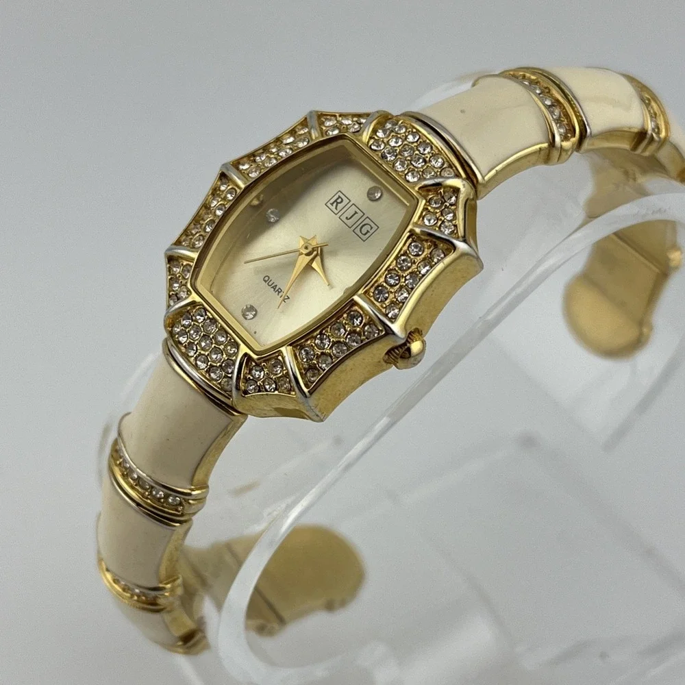 R.J. Graziano Watch Women Cream Enamel &‎ Crystals Gold Bangle- New Battery